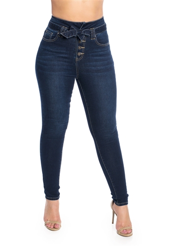 Ladies High Waist Stretchable Button Fly Skinny Jeans with Self Tie Belt