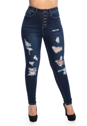 Ladies High Waist Stretchable Ripped Skinny Jeans with Button Fly