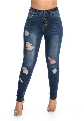 Ladies High Waist Stretchable Ripped Skinny Jeans with Button Fly