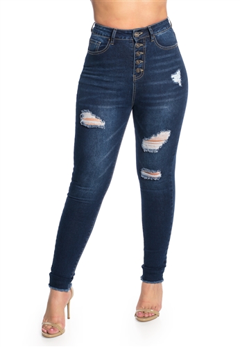 Ladies High Waist Stretchable Ripped Skinny Jeans with Button Fly