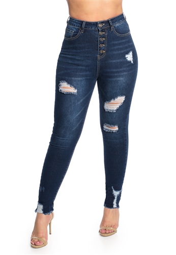 Ladies High Waist Stretchable Ripped Skinny Jeans with Button Fly
