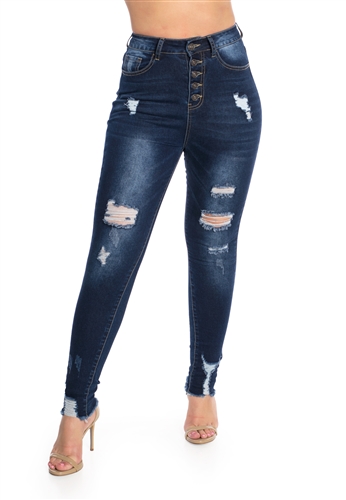 Ladies High Waist Stretchable Ripped Skinny Jeans with Button Fly