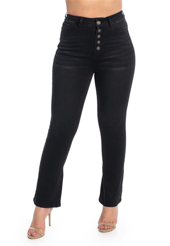 Ladies High Waist Stretchable Cropped Flare Jeans with Button Fly