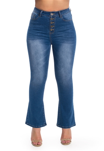Ladies High Waist Stretchable Cropped Flare Jeans with Button Fly
