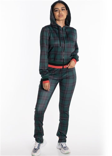 Women's Plaid Set Jacket with Hood and Pants with Contrasting Side Stripes