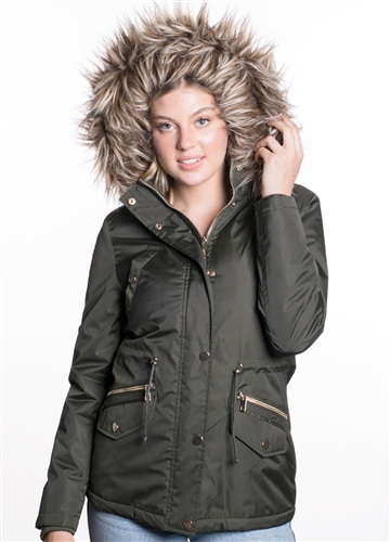 Women's Jacket with High Shine Zippers and Snap Buttons and Detachable Hood
