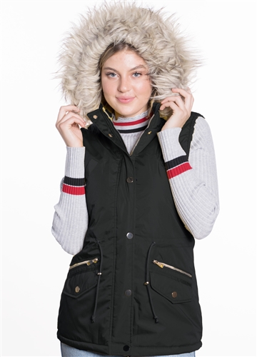 Women's Vest with Faux Fur Lining and Detachable Hood