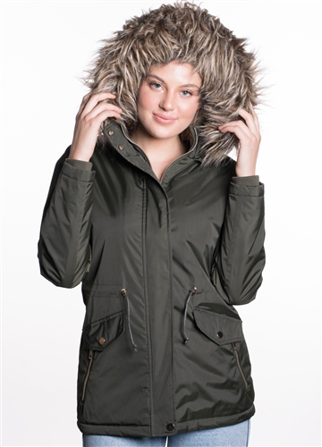 Women's Jacket with High Shine Zippers and Snap Buttons and Detachable Hood