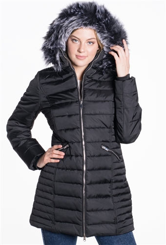 Women's Mid Length Puffer Jacket with Detachable Hood and High Shine Zippers