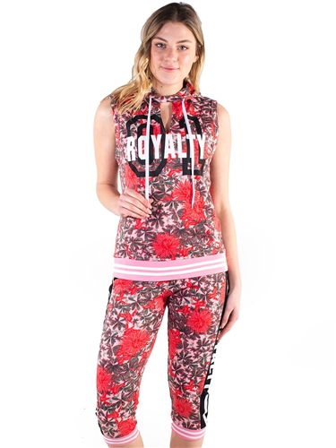 4500-FT1818-AOP-Women's French Terry All-over Floral Printed Sleeveless Pullover Hoodie and Capri Jogger Set<BR>More colors