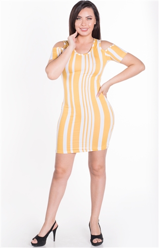 Women's Striped Cold Shoulder Bodycon Shirt Dress