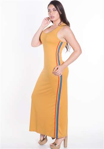 Women's Sleeveless Maxi Dress with Contrasting Rainbow Side Stripes