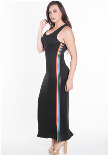Women's Plus Size Sleeveless Maxi Dress with Contrasting Rainbow Side Stripes