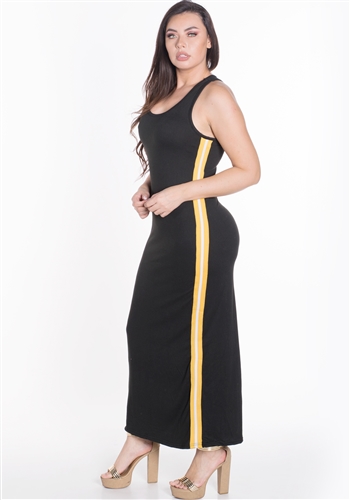 Women's Plus Size Sleeveless Maxi Dress with Contrasting Yellow Side Stripes/