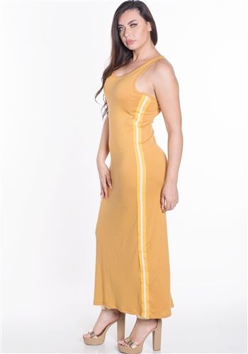 Women's Plus Size Sleeveless Maxi Dress with Contrasting Yellow Side Stripes/