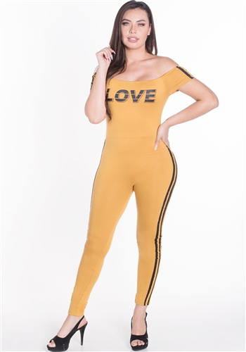 Women's Off the Shoulder Bodycon Jumpsuit with "LOVE" Print