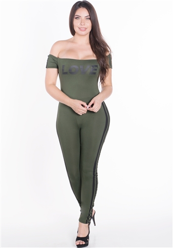 Women's Off the Shoulder Bodycon Jumpsuit with "LOVE" Print