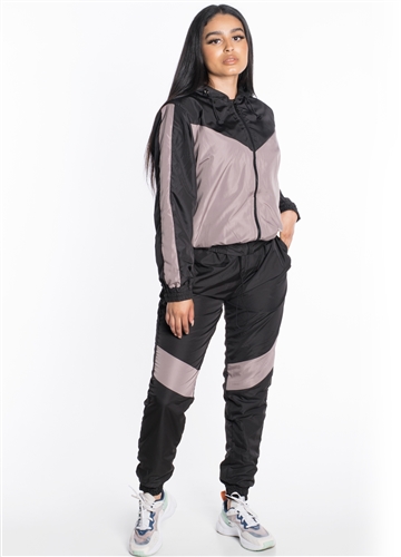 Women's Windbreaker Hooded Jacket with Striped Pants Set