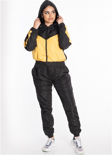 Women's Windbreaker Hooded Cropped Jacket with Pants Tracksuit Set with Brushed Fleece Lining