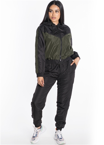 Women's Windbreaker Hooded Cropped Jacket with Pants Tracksuit Set with Brushed Fleece Lining