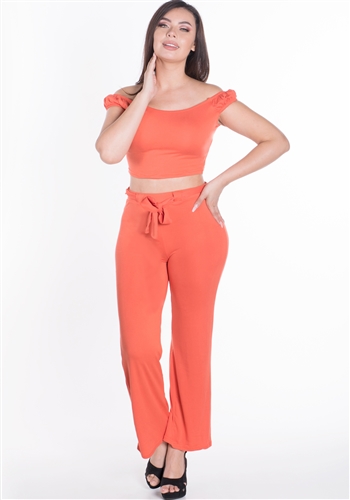 Women's 2-Piece Off the Shoulder Crop Top and Flare Pants Set