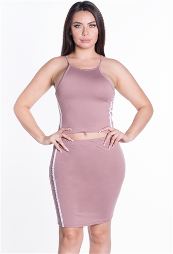 Women's 2-Piece Halter Neck Crop Top and Skirt Set with Side Stripes