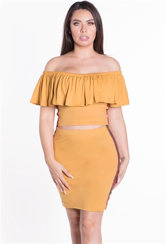 Women's 2-Piece Off Shoulder Flounce Layer Crop Top and Skirt Set with Side Stripes/