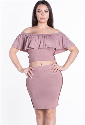 Women's 2-Piece Off Shoulder Flounce Layer Crop Top and Skirt Set with Side Stripes/