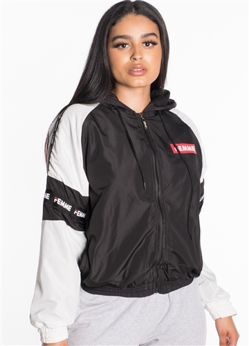 Women's Windbreaker Jacket with "Femme" Print and Brushed Fleece Lining