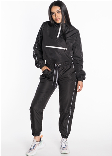 Women's Windbreaker Cropped Half-Zip Jacket with Pants Tracksuit Set with Reflectorized Side Stripes and Brushed Fleece Lining