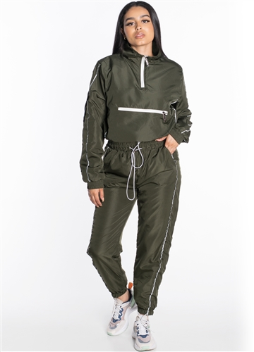 Women's Windbreaker Cropped Half-Zip Jacket with Pants Tracksuit Set with Reflectorized Side Stripes and Brushed Fleece Lining