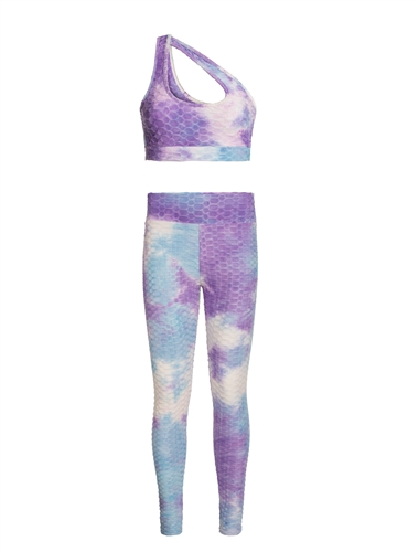 Women's Tie-Dye Print One Shoulder Cut Out Honeycomb Crop Tank and Leggings Set