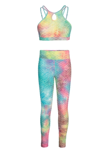 Women's Tie-Dye Strappy Cut Out Honeycomb Crop Tank and Ruched Leggings Set