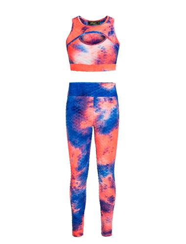 Women's Tie-Dye Print Cut Out Honeycomb Crop Tank and Ruched Leggings Set