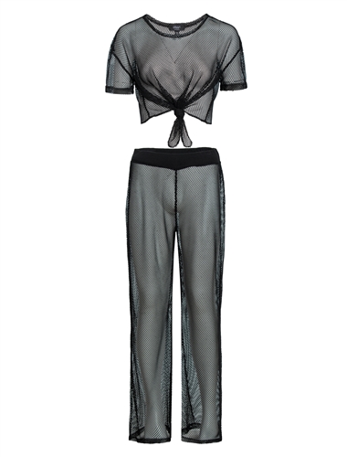 Women's Mesh Cover Up 2-piece Crop Shirt and Pants Set