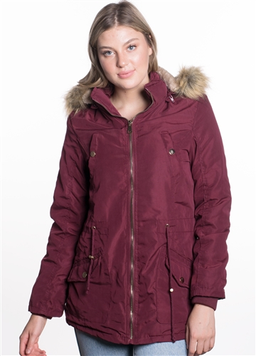 Ladies Peach Skin Parka w/ Faux Fur Lining and Detachable Hood and Waistband Draw String