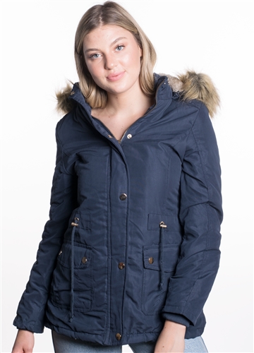 Ladies Peach Skin Parka w/ Faux Fur Lining and Detachable Hood and Waistband Draw String