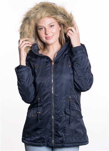 Ladies Nylon Twill Parka w/ Faux Fur Lining and Detachable Hood and Waistband Draw String