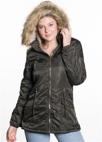 Ladies Nylon Twill Parka w/ Faux Fur Lining and Detachable Hood and Waistband Draw String