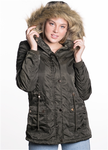 Ladies Nylon Twill Parka w/ Faux Fur Lining and Detachable Hood and Waistband Draw String