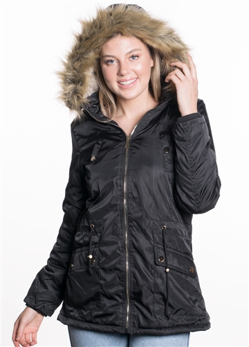 Ladies Nylon Twill Parka w/ Faux Fur Lining and Detachable Hood and Waistband Draw String