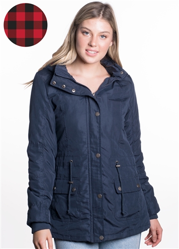 Ladies Peach Skin Parka w/ Faux Fur Lining and Detachable Hood and Waistband Draw String