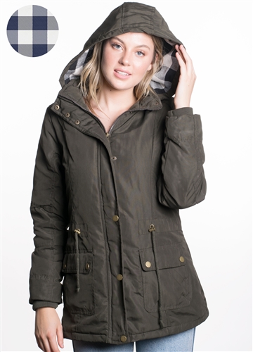 Ladies Peach Skin Parka w/ Faux Fur Lining and Detachable Hood and Waistband Draw String