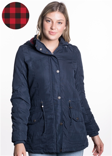 Ladies Peach Skin Parka w/ Faux Fur Lining and Detachable Hood and Waistband Draw String