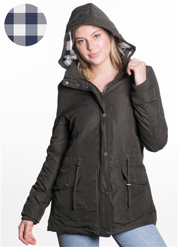 Ladies Plus Size Peach Skin Parka w/ Buffalo Plaid Flannel Lining and Detachable Hood and Waistband Draw String