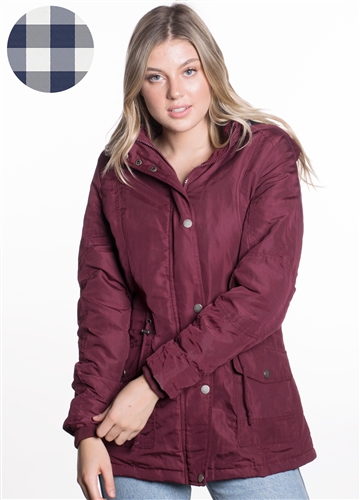 Ladies Plus Size Peach Skin Parka w/ Buffalo Plaid Flannel Lining and Detachable Hood and Waistband Draw String