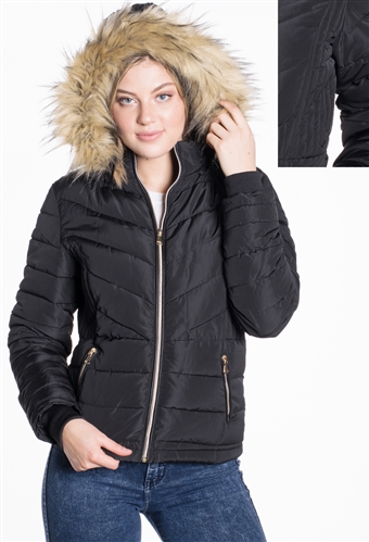Women's Puffer Jacket with Detachable Hood and vegan leather piping