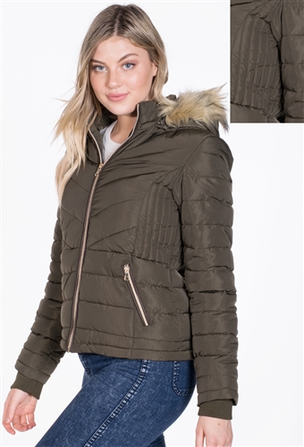 Women's Puffer Jacket with Detachable Hood and Vegan Leather Piping