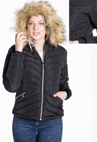 Women's Puffer Jacket with Detachable Hood and Vegan Leather Piping