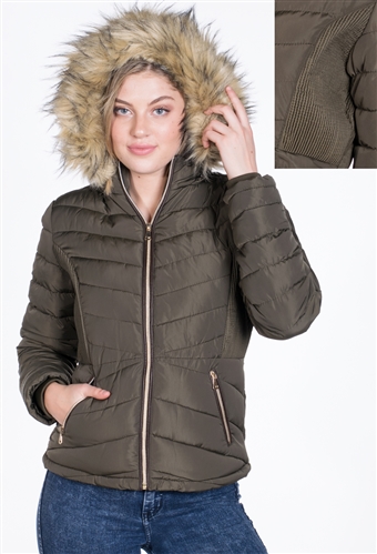 Women's Puffer Jacket with Detachable Hood and Vegan Leather Piping